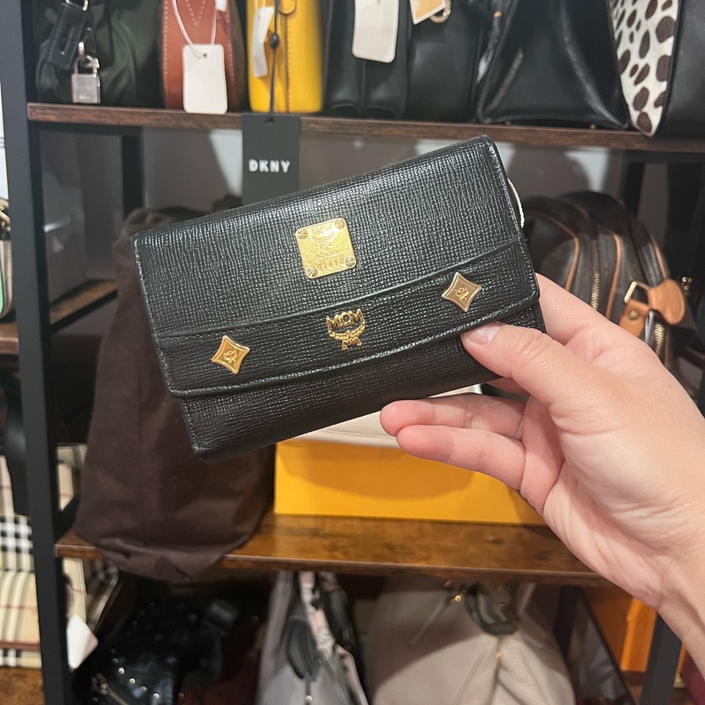 MCM Black Textured Wallet with Gold Details
